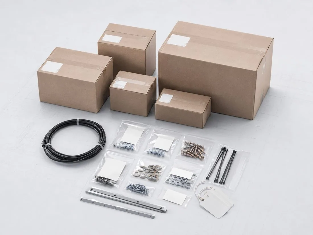 A retrofit kit — boxed parts, bagged hardware, rails, cable and labels.