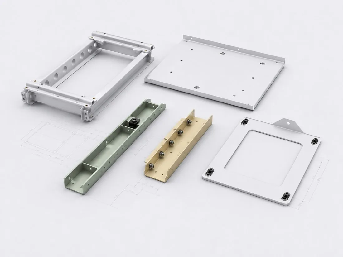 Machined and formed structural parts — frames, trays, channels and mounting plates.